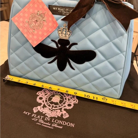 NWT My Flat in London Light Blue Quilted Blue Handbag/Tote with brown velvet bee